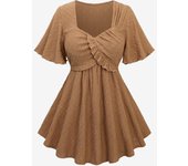 Rosegal Top de sobrepelliz con volantes y bordado de rombos ahuecados de talla grande L café
