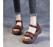 Johnature Sandalias de suela gruesa de cuero genuino, suela suave versátil, zapatos de plataforma transpirables y cómodos para mujer 35 beige