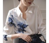 Camisa de gasa con estampado Vintage para mujer, Tops informales de manga larga con botones, blusa de satén para mujer, camisa informal a la moda de verano 2022 21807 L blanco