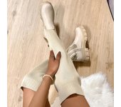 Botas de cuero por encima de la rodilla para mujer, botas Martin largas de otoño e invierno, botas por encima de la rodilla con costuras de punto de cuero - Comprar 36 blanco