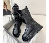 Botas de media pantorrilla para mujer, botas de piel auténtica estilo punk para otoño e invierno, botas de montar con cremallera y cordones cruzados, zapatos de tacón alto para mujer 35