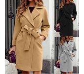 Abrigos de otoño e invierno para mujer, chaquetas largas de mezcla de lana con cuello vuelto, abrigo ajustado con cinturón ajustado L negro