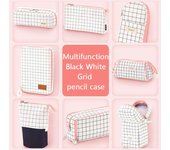 Estuche para lápices coreano con cuadrícula en blanco y negro, bonito estuche grande con cremallera kawaii, bolsa de almacenamiento multifunción, útiles escolares