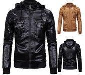 Chaqueta de cuero acolchada para hombre, chaqueta de motociclista con gorro extraíble y cálido, de invierno S