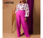 Primavera y otoño, Top de manga larga para mujer, pantalones largos de talla grande, Top con lazo estampado a la moda, pantalones de pierna ancha, conjunto OL S
