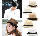 Moda hombres mujeres sombrero de paja contraste cinta Fedora ala rizada Unisex Panamá Jazz Trilby sombrero gorra