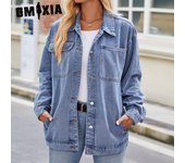 GMXIA Chaqueta vaquera lavada vintage de manga larga con cuello tipo polo y estampado de colores sólidos para otoño e invierno para mujer Chaquetas y abrigos S azul claro