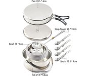 Juego de utensilios de cocina para acampar para 4 personas, juego de cocina de acero inoxidable con olla, cacerola, cuchara para sopa, cuencos plata