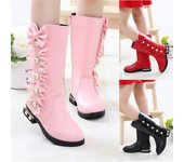 Zapatos de Otoño Invierno para niñas, Botas Largas de lana de cuero PU para niñas, zapatillas altas con cordones, botas para bebés 27 negro