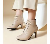 Botas de tobillo para mujer, punta estrecha, tacones altos gruesos, botas cortas con cordones, zapatos de moda para mujer, otoño invierno, caqui, marrón y blanco 33 negro