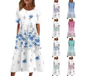 Vestidos casuales de mujer Vestidos estampados Vestidos de verano Vestidos sueltos plisados ​​con cuello en O estampados L azul