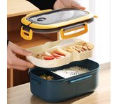 Fiambrera para microondas con tenedor, cuchara, fiambrera hermética portátil, rejilla de 2 capas, caja Bento para oficina de estudiantes y niños, contenedor de almacenamiento de alimentos blanco