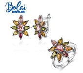 Bolaijewelry 2022 Nuevo clásico multicolor natural multicolor pendiente de anillo de turmalina Joyería pera 3 * 5 / 4 * 6 Set 925 diseño de lujo de plata de ley mujer joyería fina 6# varios colores