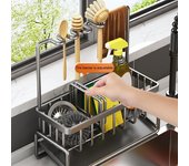 Soporte para esponja para fregadero de cocina con bandeja de drenaje, resistente a la corrosión, fácil de instalar, soporte para toallas, escurridor de cepillos, organizador de cocina gris
