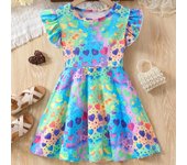 Vestido para niñas de 1 a 8 años, cumpleaños, moda, mangas con volantes, estampado de corazones coloridos, lindos vestidos de princesa 90(1-2Y)