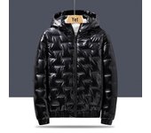 Chaqueta de plumón brillante con capucha para hombre: Abrigo de algodón grueso y cálido para el invierno. Tallas grandes disponibles. XL- negro