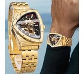 Relojes dorados Reloj de acero inoxidable Diseño punk Reloj de pulsera para hombre Triángulo Esqueleto Transparente Reloj mecánico automático oro/negro