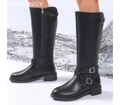 Botas altas de cuero para mujer, zapatos de moda hasta la rodilla para mujer, tendencia de invierno 2025, nuevas botas de moto de tacón bajo para mujer 35 negro