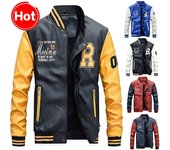 Chaqueta Hombre Chaquetas de béisbol bordadas Pu Abrigos de cuero Slim Fit College Pilot Casaco Masculino L azul