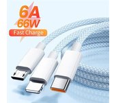 Cable de carga rápida 3 en 1 de 1,2 m/2 m/3 m, 6 A, 66 W, cable USB tipo C, cargador para varios teléfonos móviles, cable de datos USB C para iPhone, Xiaomi POCO 3 M blanco