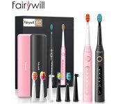 Fairywill Sonic Cepillo de dientes eléctrico FW-D7 USB Charge 2 Estuche de viaje 8 cabezales de cepillo Smart Time negro/color rosa