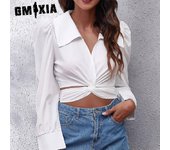 GMXIA Blusas y camisas de cuello POLO de manga larga con estampado de color sólido informal a la moda para mujer S blanco