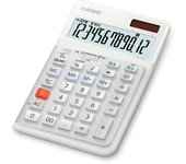 Calculadora ergonómica Casio para zurdos, 12 dígitos, función de cálculo de día y hora, solo escribir, negra, certificación Eco Mark y JE-12D-L-WE-N blanco