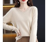 Suéteres de punto para mujer, de lana pura, moda de invierno, Top con cuello en V, Jersey cálido para otoño, ropa XXL blanco