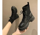 Botas de mujer con tejido volador para otoño e invierno, nuevas botas cortas cómodas con punta redonda y tacón alto, botas hasta el tobillo de moda con cordones y tacón plano 35