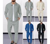 Traje de dos piezas para hombre, informal, con estampado de gofres, camisa de manga larga, pantalones con cordón, atuendo de primavera y otoño para la oficina M caqui