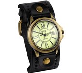 JewelryWe Reloj de estilo antiguo con esfera unisex, marco estilo retro, elegante, de cuero, aleación, regalo de cumpleaños, marrón, para hombres, mujeres y niños (Negro)