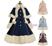Mujer Moda Manga Larga Abrigos De Piel Vintage Gótico Victoriano Lindo Vestido De Lazo De Lolita Otoño Invierno Cálido Vestidos De Solapa Abrigo Fantasía Cosplay Disfraz L azul marino