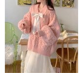 Suéter de estilo perezoso de Color sólido para mujer, suéter con diseño de lazo y cuello en V, prendas de punto para mujer, Otoño Invierno 2023, nuevo jersey suelto de manga larga onesize color rosa