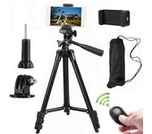 Trípode para cámara Trípode de viaje de aluminio para GoPro y otras cámaras Teléfonos Control remoto BT incluido 360 grados negro