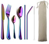 Juego de vajilla negra de viaje, 8 Uds., juegos de cubiertos, cuchillos, tenedores, cucharas, vajilla de paja de acero inoxidable, cucharadita, juego de cubiertos, bolsa blanca plata