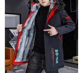 Hombres Otoño Invierno Patchwork Color Chaqueta Con Capucha Bolsillos De Manga Larga Cremallera Tapeta Abrigo Forro Polar Grueso Cálido De Longitud Media Acolchado De Algodón Outwear 2XL rojo/negro