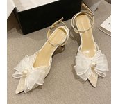 Sandalias elegantes de verano para mujer, tacones altos de 7 cm, estilo fetiche, con lazo, para boda, novia, con perlas, tacón bajo, para baile de graduación, con encaje de malla, bonitos zapatos 39 blanco
