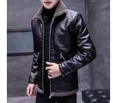 Chaqueta de cuero cálida para hombre exterior de cuero Pu de terciopelo con cuello de solapa y abrigo M