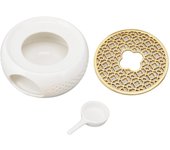 Calentador de tetera de porcelana con marco hueco y base redonda, cojín de aleación y portavelas.
