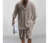 Conjunto de 2 piezas para hombre, camiseta corta con cuello en V, bolsillos elásticos, cordón en la cintura, manga corta, pantalones cortos de pierna ancha, tejido de color sólido L negro