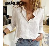 GMXIA Blusas y camisas con cuello POLO de manga larga con estampado de Color sólido informal a la moda para mujer Otoño Invierno S blanco