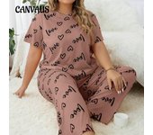 Pijamas de talla grande para mujer, primavera y otoño, rayas rojas, cuello de muñeca, pantalones de manga corta, traje para estar en casa 2XL rojo