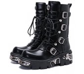 Botas de rock retro para hombres y mujeres 2024, nuevos zapatos de cuero punk oscuro, zapatos de plataforma de motocicleta de nicho de metal para mujeres 35 negro