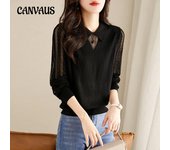 Camiseta de manga larga de punto para mujer, camisa inferior interior con parte superior de encaje, otoño One Size negro