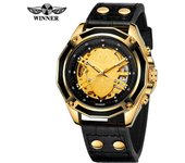 T-Winner Reloj mecánico automático impermeable con cinturón de cuero informal y calavera hueca para hombre
