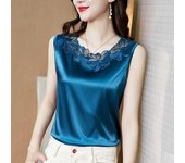 Primavera Verano estiramiento satén encaje manga corta Top talla grande costura camisas sin mangas sólidas para damas de oficina XXXXL blanco