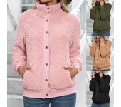 Abrigo de invierno para mujer, de lana de cordero sintética, con botones, para otoño e invierno, de un solo color, de doble cara M negro