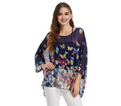 Blusa de gasa con cuello redondo y mangas de murciélago 3/4 para mujer, con estampado de mariposas, ultrafina, holgada, para playa y protección solar azul marino