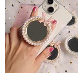 Soporte para teléfono con forma de corona real con lazo y espejo de perla, bonito anillo para iPhone, soporte universal plegable para teléfono Android para mujeres y niñas A2