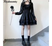 Estilo japonés lolita mujer princesa mini vestido negro cuello oblicuo cintura alta gótico punk vestido de Halloween manga abullonada encaje volantes vestido de fiesta cosplay One Size negro